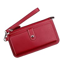 Slim Compact Bifold Wallet PU Leather Large Capacity Credit Card Holder Banknote Coin Purse Phone Handbag Women Purse with Wristlet Snap Closure (Red)