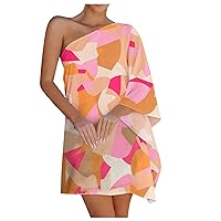 Womens Plus Size Dresses, Women Casual Fashion Loose Printed One Shoulder Doll Sleeve Dress