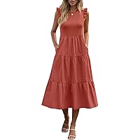 ANRABESS Women's Summer Casual Flutter Short Sleeve A-Line Flowy Tiered Beach Midi Dresses 2024 Trendy Outfits