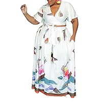 Aro Lora Womens Plus Size V Neck Floral Print Side Slit Two Piece Maxi Dress