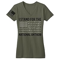 Women's I Stand for The National Anthem V-Neck Tee with Anthem Written As Stripes
