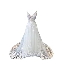 Deep V Neck Beach Summer Empire Waist Wedding Dresses for Bride Women Sheer Straps Lace 2024
