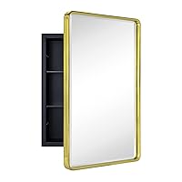 TEHOME Farmhouse Brushed Gold Metal Framed Recessed Bathroom Medicine Cabinet with Mirror Rounded Rectangle Medicine Cabinet with Beveled Mirror 16x24''