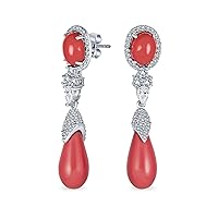 Vintage Style Pink Orange Teardrop Round Simulated Coral CZ Prom Statement Dangle Earrings For Women Silver Plated Brass