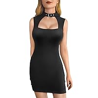 Littleforbig Women Cotton Sleeveless Cyber Goth Bodycon Collared Mini Dress Skirt