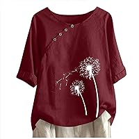 Womens Cotton T Shirts Summer Casual Dandelion Graphic Tees Loose Fit Tops Round Neck Short Sleeve Work Blouses