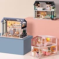 Fsolis DIY Dollhouse Miniature Kit with Furniture, 3D Wooden Miniature House with Dust Cover, Miniature Dolls House kit 1:36 Scale