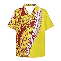 GLUDEAR Men Plus Size Polynesian Samoan Puletasi Tatau Print Button Down Summer Beach Holiday Hawaiian Shirts 2XS-7XL