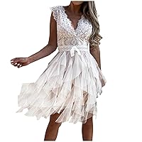 Women Formal Sexy Deep V-Neck Lace Backless Layered Mesh Wedding Guest Dress Party Club Beach Mini Midi Dresses