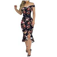 XJYIOEWT Short Summer Dresses for Women 2024 Floral, Cold Loose Slit Print Women Fashion Dress Floral Ruffle Hem Dress