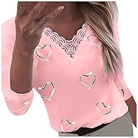 Womens T Shirts Heart Lover Print Loose Fit Long Tops Tee for Women Vneck Lace Summer Fall Shirts 2024 Y2K
