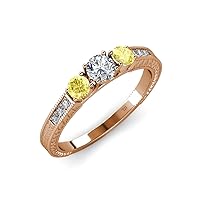 Diamond and Yellow Sapphire Milgrain Work 3 Stone Ring with Side Diamond 0.85 ctw 14K Rose Gold
