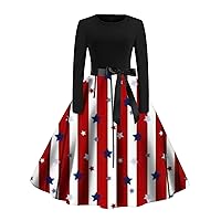 Women's Independence Day Print Long Sleeve Bow Tie Zipper Maxi Skirt Aline Swing Dress Plus Size