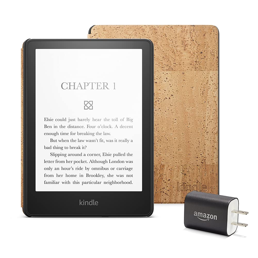 Kindle Paperwhite Essentials Bundle including Kindle Paperwhite - Wifi, Without Ads, Amazon Cork Cover, and Power Adapter