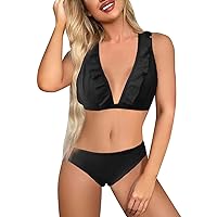 Women's Bathing Suits 2 Piece Royal Blue High Waist Cheeky Bikini Bottoms Black Swimsuit Top with Sleeves