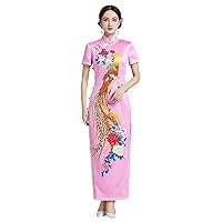 Qipao Silk Printing Cheongsam Wedding Pink Evening Dress Chinese Phoenix Peony Pattern 3456
