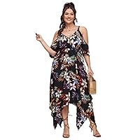Womens Plus Size Dresses Summer Cold Shoulder Floral Print Asymmetrical Hem Long A-Line Dress (Color : Multicolor, Size : Large)