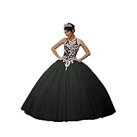 Women's Sweetheart Quinceanera Dress Lace Sequin Beads Applique Backless Princess Ball Gown Tulle Prom Dress Black