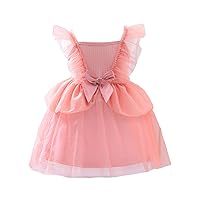 Little Girls Cute Mesh Tutu Dress Bow Knot Off Shoulder Summer Dresses Ruffle Trim Princess Dress for Birthday