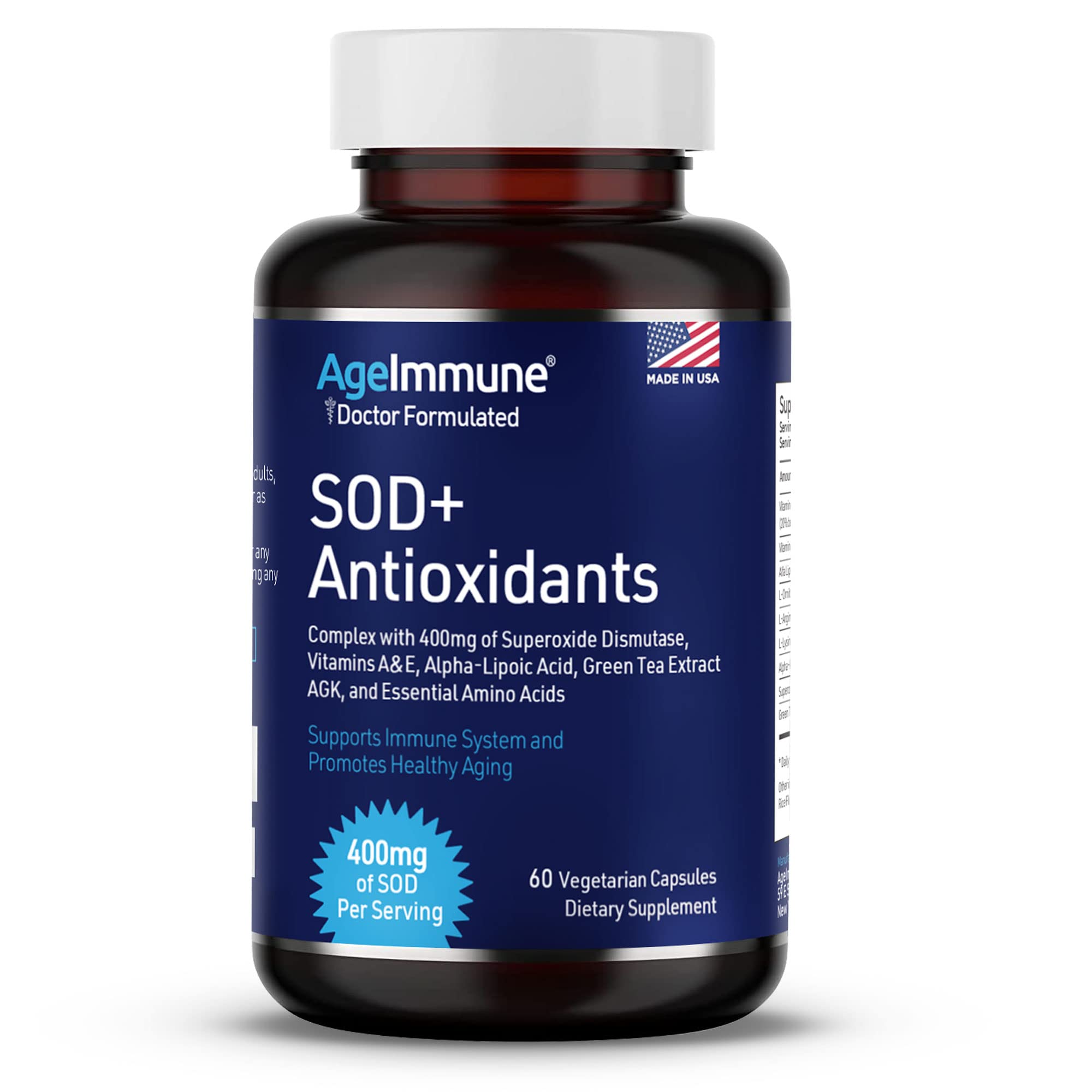 SOD Antioxidants Complex Healthy Aging Supplement, 400mg of Superoxide Dismutase, Alpha Lipoic Acid, Green Tea Extract, L-Arginine, Lysine, AKG, Vitamin A, Vitamin E for Immune Support (60 Capsules)