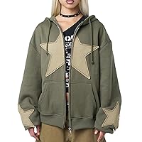 Karwuiio ​Women Y2k Zip Up Hoodies Star Graphic Long Sleeve Jackets Hip Hop Harajuku Oversized Hooded Sweatshirt