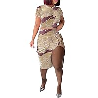 Womens Sexy 2 Pieces Camouflage Printed Crop Tops Shirts Bodycon Pokets Split Skirts Party Clubwear Dress Outfits Set