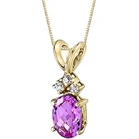 PEORA Solid 14K Yellow Gold Created Pink Sapphire with Genuine Diamonds Pendant, Dainty Solitaire, Oval Shape, 7x5mm, 1 Carat total