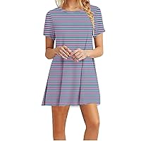 Womens Short Sleeve Striped Rainbow Color Block Shirt Dresses for 2024 Knee Length Short Dress Casual Loose Fit