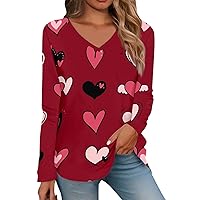 Womens Valentine's Day Basic Tees V Neck Long Sleeve Love Heart Printed Shirts Blouse Tops