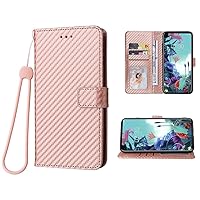 Compatible with LG Q70 Wallet Case Wrist Strap Lanyard Carbon Fiber and Leather Flip Card Holder Stand Cell Accessories Mobile Phone Cover for LGQ70 Q730 Q 70 LGQ70phone Women Men Rose Gold