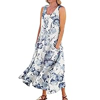 Womens Plus Size Summer Dresses Boho Casual Floral Print Linen Dress Sleeveless Pocket Beach Dress Sun Dress