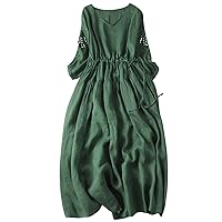 Women Korean Style Lace-Up Waist-Defined Henley Shirt Dress Summer Cotton Linen Half Sleeve Casual A-Line Dresses