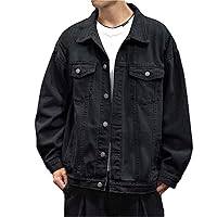 Mens Button Down Denim Jacket with Pockets Lapel Long Sleeve Jean Coat Winter Solid Color Loose Fit Ripped Denim Coats