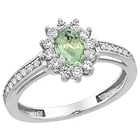 PIERA 14K White Gold Natural Green Amethyst Flower Halo Ring Oval 6x4mm Diamond Accents, sizes 5-10