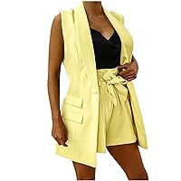 Womens Sleeveless Blazer Shorts Sets Casual Open Front 2 Piece Blazer and Belted Wide Leg Shorts Suit Dressy Outfits
