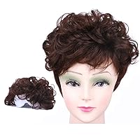 6 inches Short Wavy Curl Human Hair Wiglet Toppers with Ponytail Clip in Toupee Hairpieces for Women (Dark Brown)