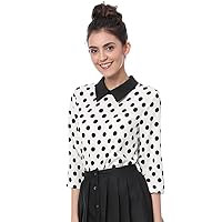 Allegra K Women's Polka Dots Contrast Peter Pan Collar Top 3/4 Sleeves Blouse Shirt