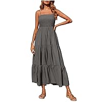 Women Summer Dresses Square Neck Spaghetti Strap Maxi Dress Casual Smocked Sundress A Line Tiered Beach Dress (X-Large, Gray)