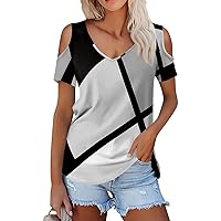 COTECRAM Summer Tops for Women 2024 Trendy Cold Shoulder Tops Dressy V Neck T Shirts Boho Flowy Casual Blouses Tunic Shirts