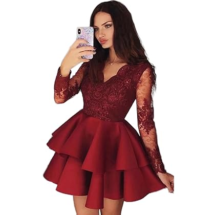 VENNYNG V Neck Lace Applique Short Prom Homecoming Dress 2024 Long Sleeves Knee Length A Line Party Party Gown
