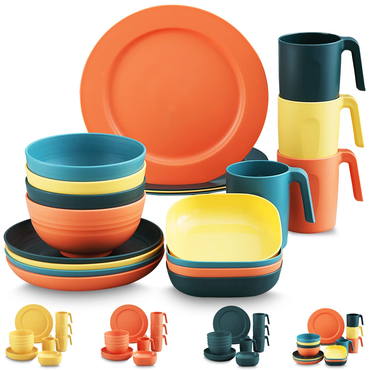 Kyraton Plastic Dinnerware Sets of 20 Pieces, Unbreakable And Reusable Light Weight Plates Mugs Bowls Dishes Easy to Carry And Clean Microwave Safe BPA Free Dishwasher Safe Service For 4 (Mutil Color)