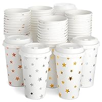 BLUE PANDA - 48-Pack Insulated Disposable Paper Coffee Cups with Lids 16 oz with 4 Assorted Foil Star Designs for Birthday Party Supplies, Wedding Receptions, Baby Shower
