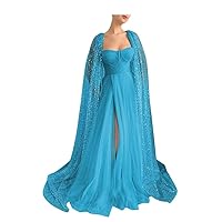 Puffy Prom Dresses for Women 2023 A-Line Formal Dress Sweetheart Evening Gown with Slit Tulle Sequin Cape DR0156