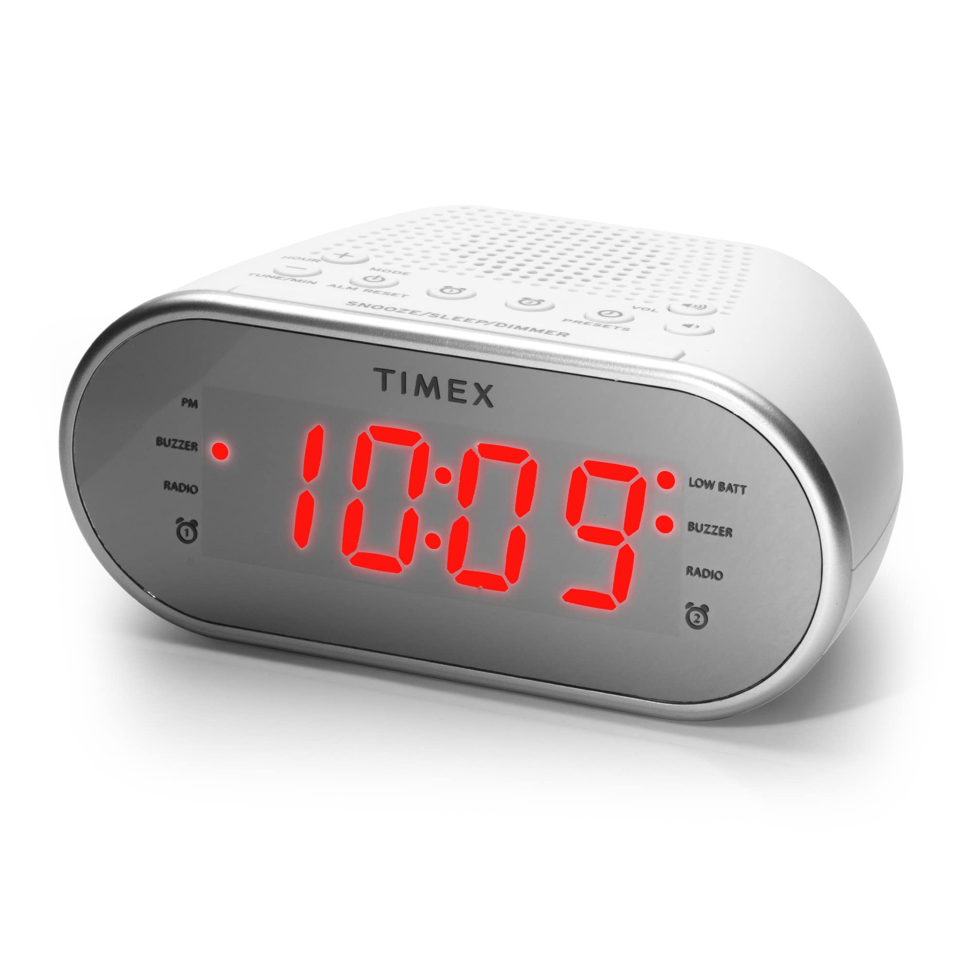 Timex Alarm Clock With AM/FM Radio And 20 Station Presets, Digital Clock Radio With Dual Alarms, Programmable Timer, Snooze, Aux Speaker, And Adjustable Volume Switch (T2312W), White
