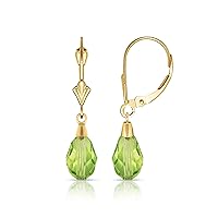 Jewelryweb Solid 14k Yellow or White Gold Tear-Drop Faceted Crystal Leverback Earrings (6mm x 28mm) (17 colors)