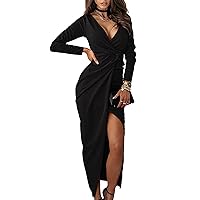 Womens Long Sleeve V-Neck High Slit Cocktail Evening Gown Maxi Dress Pleated High Waist Slit Club Party Dress