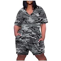 Plus Size Short Jumpsuit for Women Oversized V Neck T-Shirt Baggy Rompers Summer Printed Casual Short Overalls with Pockets
