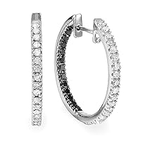Dazzlingrock Collection 1.00 Carat (ctw) Black & White Round Diamond Ladies Hoop Earrings 1 CT, Sterling Silver