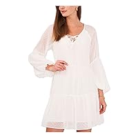 Vince Camuto Womens Ivory Sheer Lined Lace Up Tiered Skirt Balloon Sleeve V Neck Short Party Fit + Flare Dress L