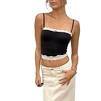 Women Sexy Sleeveless Crop Tank Top Lace Trim Cropped Tank Camisoles Vest Strappy Y2K Going Out Cami Shirts Tops
